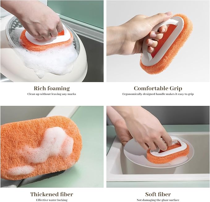 4 Pack Handled Scrubber, Scrub Brush Strong Scouring, Reusable Cleaning Sponge with Handle for Shower Tile, Bathtube, Sink (White)