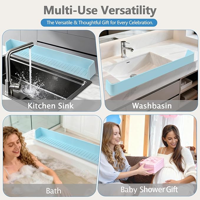 2.6-Ft Bathtub Splash Guard for Tub Kids, Silicone Splash Shield with 11 Suction Cups, Toy Tray Shelf, No Spill Water Barrier, Prevents Mess, Fun Bathtime for Toddlers Baby–Blue