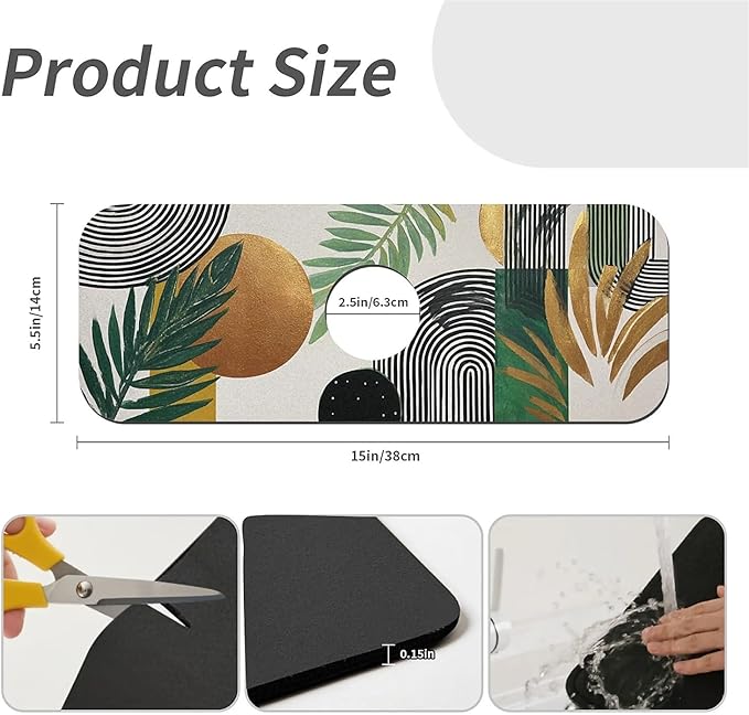 Kitchen Sink Splash Guard，Sun plant Lines Faucet Mat Sink Gadgets-Super Absorbent Fast Drying Mat Drip Catcher for Kitchen, Bathroom,Sink Mat, Dish Drying Mat, Bathroom(15" X 5.5" )