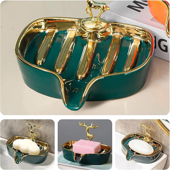 Soap Dish, Luxurious Ceramic Soap Dish Self Draining Soap Holder Tray Easy Cleaning Soap Saver for Shower Bathroom Kitchen Sink Bathtub Hotel Travel(Green Painted in Gold)