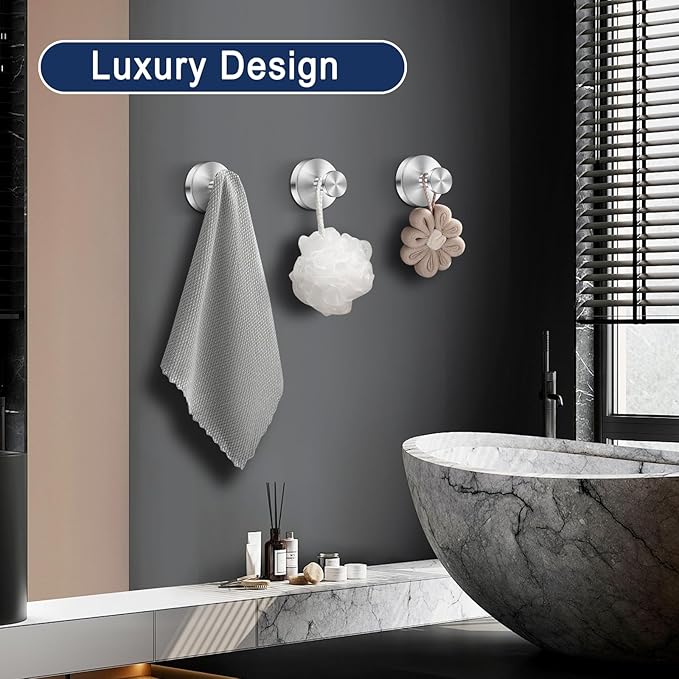 Silver Waterproof Suction Cup Hooks, 2-Pack Heavy Duty Stainless Steel No Drill Shower Hooks for Hanging Towels, Robes, Loofahs, Holder Holds Strong on Tile, Glass, Mirror, Wall, Bathroom Door