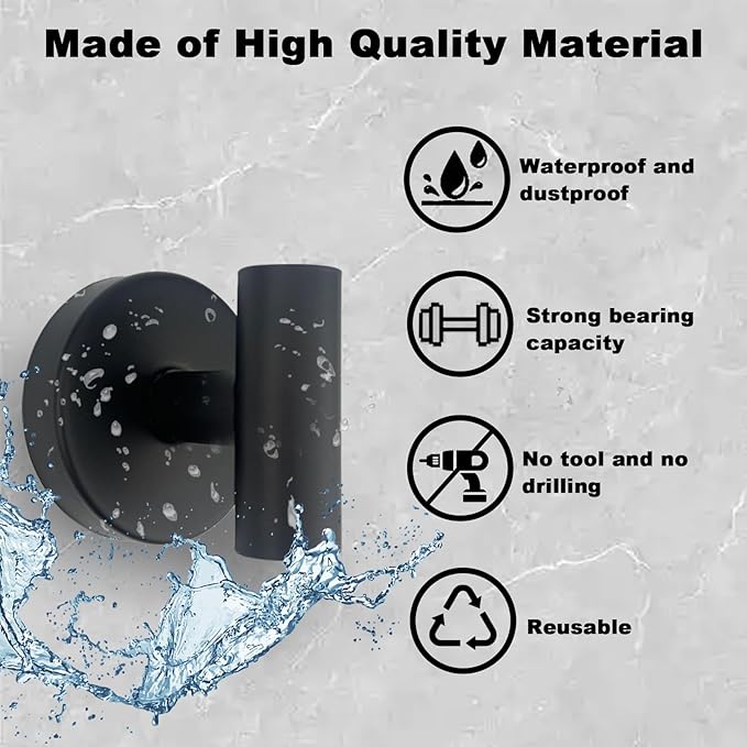 Suction Cup Shower Towel Hooks, Wall Mount Robe Holder, Heavy Duty No Drill Wall SUS304 Waterproof Stainless Steel Hooks for Bedroom, Bathroom, Kitchen, Hotel and Office (2*Matte Black)
