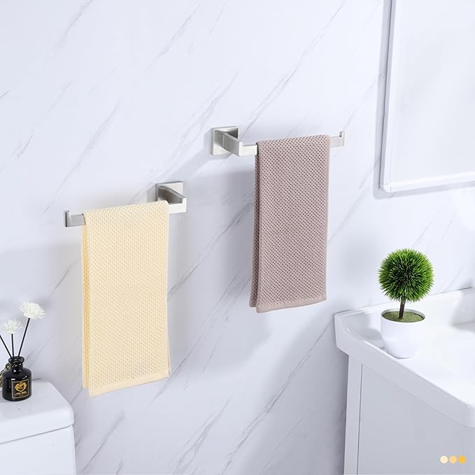 LANC Bathroom Hand Towel Holder 2 Pack Left and Right Side Brushed Nickel Hand Towel Bar 2 Pack 10 Inche Square Towel Ring for Kitchen Cabinet Wall Mount Towel Rack Hanger,A8806BN-LRP2