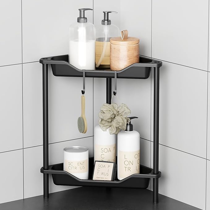 ODesign 2 Tier Floor Standing Corner Shower Caddy Organizer Plastic Metal Splicing Shelf Storage Rack for Bathroom Black - Rustproof