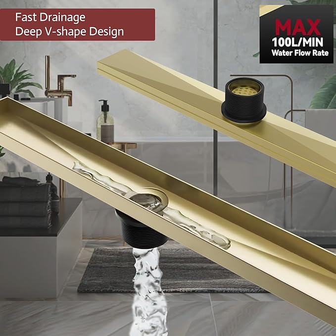 12 Inch Linear Shower Drain, Brushed Gold Shower Drain,Removable Grate, 304 Stainless Steel, Easy to Install and Clean for Bathrooms (Drain Base Not Included), LSD-01A-12G
