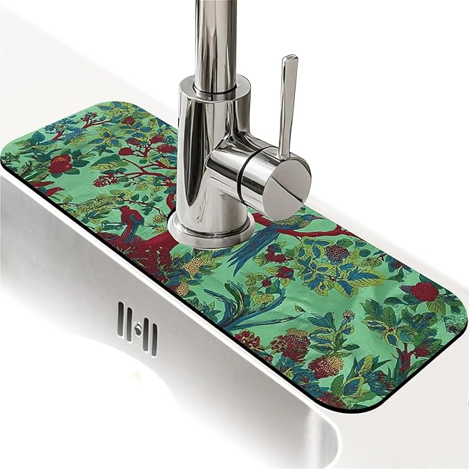 Kitchen Sink Splash Guard，Tree and birds Faucet Mat Sink Gadgets-Super Absorbent Fast Drying Mat Drip Catcher for Kitchen, Bathroom,Sink Mat, Dish Drying Mat, Bathroom(15" X 5.5" )