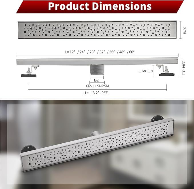 Sharp-tec 32 inch Linear Shower Drain, Brushed Rectangular Floor Drain, V-Shape Design Drain Channel, 304 Stainless Steel, cUPC Certificated for Bathroom Shower Room (Drain Base is Not Included)