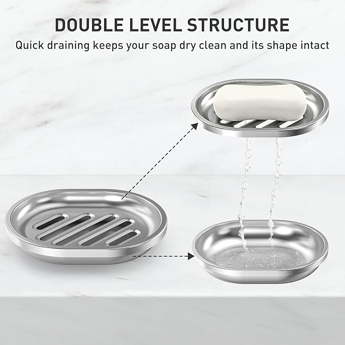 Soap Dish,Stainless Steel Soap Holder with Drain Spout,Brushed Metal Soap Saver for Bathroom Shower, Bathtub, Kitchen Sink,Durable and Stylish