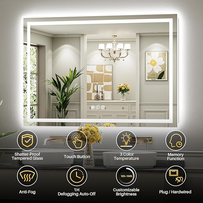 60"x36" LED Bathroom Mirror with Lights, Backlit & Front Lit, Anti-Fog Lighted Bathroom Vanity Mirror for Wall, Memory Function, Dimmable, HD Tempered Glass, Shatter-Proof