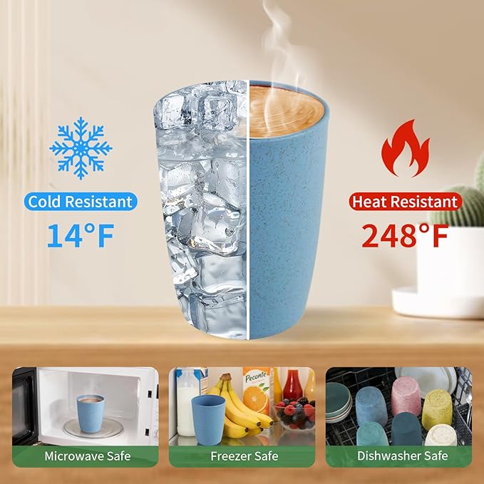 12oz Wheat Straw Cups, 6-Pack - Thickened Reusable & Microwave Safe, Dishwasher Friendly Eco-Cups for Home & Kitchen