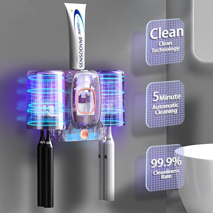 Toothbrush Holders for Bathrooms, Wekity Automatic Toothpaste Dispenser Space Saving Toothbrush and Toothpaste Holder，Toothbrush Holder Wall Mounted with 2 Cups for Bathroom (Black)…