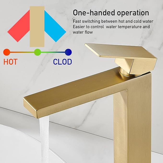 Brushed Gold Vessel Sink Faucet, 1 Hole Single Handle Tall Bathroom Vanity Faucets, Modern Utility Rv Laundry Bath Restroom Mixer Tap with Metal Pop Up Drain and 2 Water Supply Lines