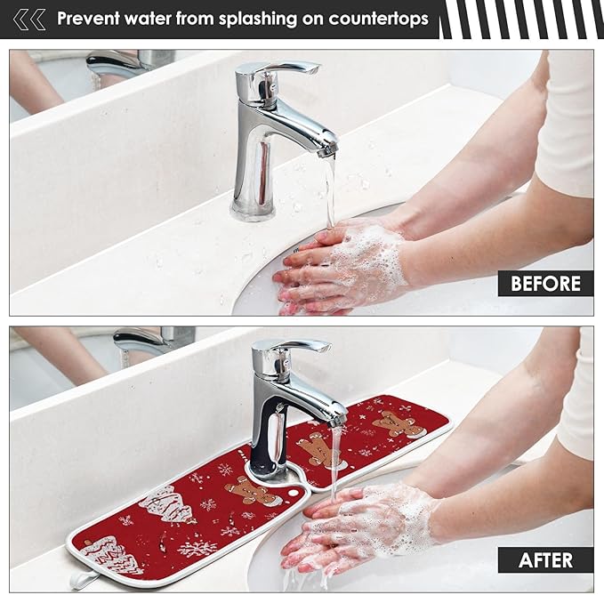 2 PCS Kitchen Sink Splash Guard 30 Inch Faucet Mat for Kitchen Sink Bathroom Sink Faucet Absorbing Drip Drain Mat Pad Microfiber Soft Washable Red Christmas Gingerbread Snowflakes