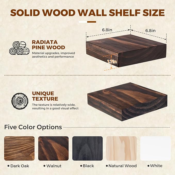 Floating Wall Shelves 6.8x6.8x1.7 Inch – Solid Wood Square Shelves in Walnut Finish – Rustic Mini Display Shelves for Entryway, Bathroom, Small Spaces – Set of 2