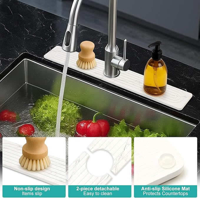 Drying Stone Faucet Mat for Kitchen Sink Trays Diatomite Quick Dry Around Faucet Mats Absorbent Drying Mat for Kitchen Counter Water Absorbing Stone Tray for Bathroom Sink Protector Splash Guard