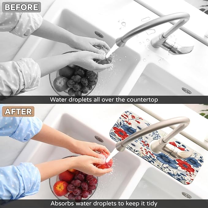 Patriotic Bloom Burst Kitchen Faucet Mat Splash Guard, 15.4”x5.7” Absorbent Quick Drying Sink Mat for Countertop Protection, Draining Mat Sink Protectors For Kitchen Bathroom, 2 Pack