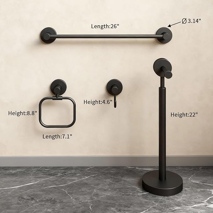 YUMORE 4-Piece Bathroom Set with Privot Toilet Paper Holder | All-in-One Wall Mounted Hardware Combo, Matte Black
