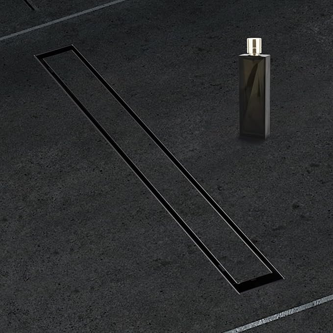 12 Inch Linear Shower Drain Matte Black Floor Drain for Bathroom Kitchen Rectangular 2 in 1 Floor Drain Tile Insert Cover 304 Stainless Steel Easy Install with Hair Strainer, Adjustable Leveling Feet