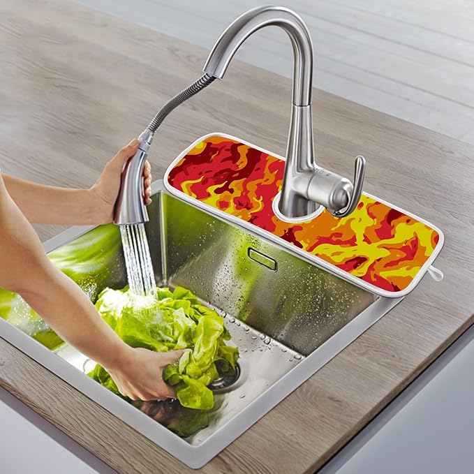 2 PCS Kitchen Sink Splash Guard 23.6 Inch Faucet Mat for Kitchen Sink Bathroom Sink Faucet Absorbing Drip Drain Mat Pad Microfiber Soft Washable Red and Yellow Flame