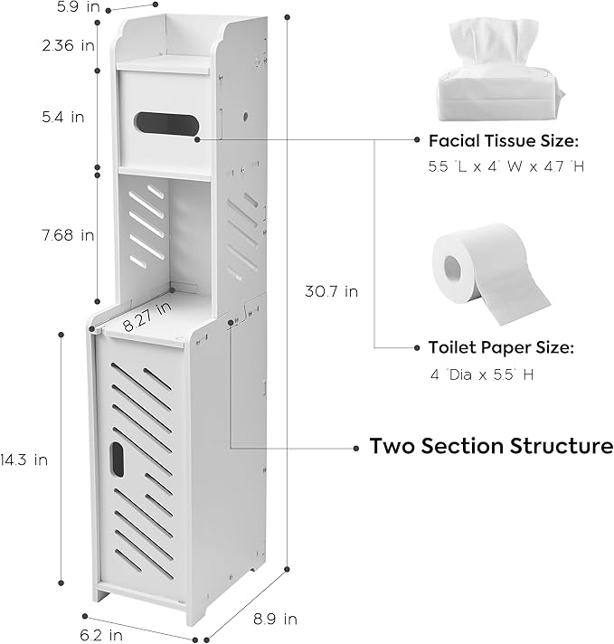 Doxo White Toilet Paper Holder Stand, Large Capacity Slim Bathroom Storage Cabinet and Organizers for Small Space, Beside Toilet Storage Cabinet (White)