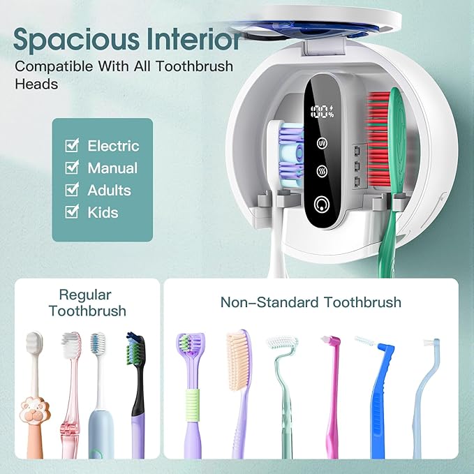 Tooth Brush Holder for Bathroom, Smart Toothbrush Holders Wall Mounted, Toothbrush Cleaner Organizer with LED Screen and Drying Fits Most Electric, Manual and Kids’ Toothbrushes for Home & Travel
