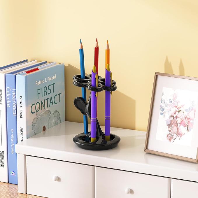 Toothbrush Holder for Bathroom, Flower Shape Ceramic Toothbrush Organiser, Holds 6 Standard Brushes (It's Black)