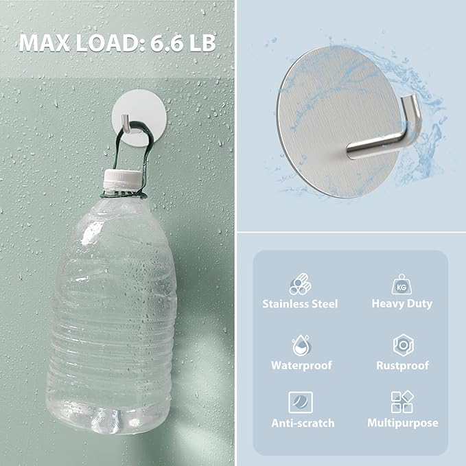VIS'V Adhesive Hooks, Small Metal Shower Wall Stick on Hooks, Waterproof, 2 Extra Adhesive Strips, Round, Silver, 4 Pcs