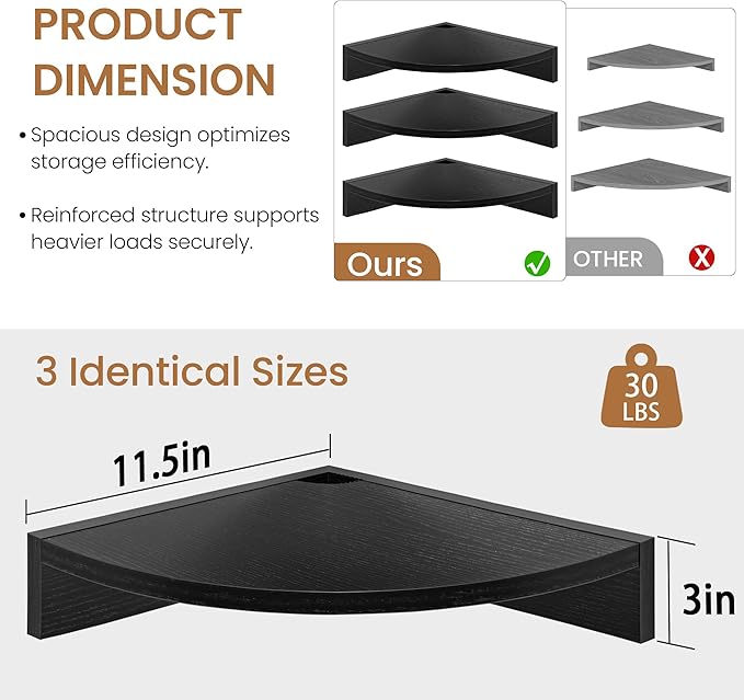 Fun Memories Corner Shelf Wall Mount, Wood Floating Corner Shelves, Corner Wall Shelf for Bedroom, Bathroom, Kitchen, Living Room (Black, 3 Pack)