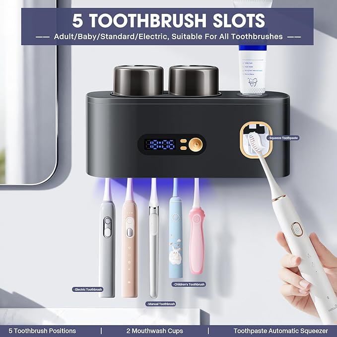 Toothbrush Holders Cleaner & Dryer for Bathroom,LXIANGN Smart Wall Mounted Toothbrush Holders with Countdown LED Screen,5 Toothbrush Slots,2 Cups and Toothpaste Dispenser (Grey)