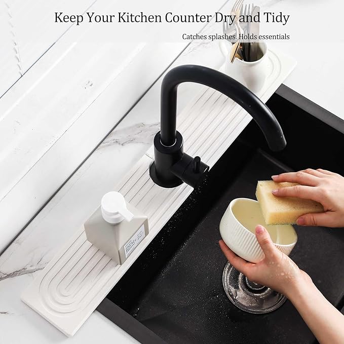 Stone Faucet Mat For Kitchen Sink, 23.6" Diatomite Quick Drying Stone Mat For Kitchen Sink, Stone Sink Splash Guard for Bathroom Counter (White)