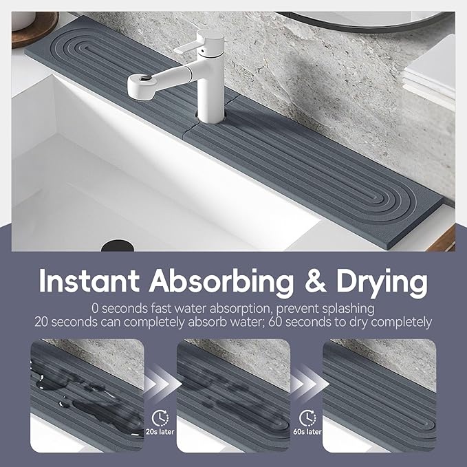 Absorbent faucet mat for Kitchen Sink - Water Absorbing Stone Tray for Sink, Diatomite Fast-Drying Faucet Mat,Faucet Splash Guard for Kitchen,Bathroom Sink (Dark Gray, 15.8" x 3.9")