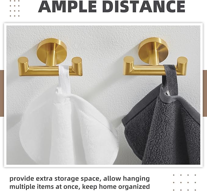 APLusee Brushed Gold Double Towel Hook 2 Pack, 304 Stainless Steel Clothes Hook, Wall Mounted