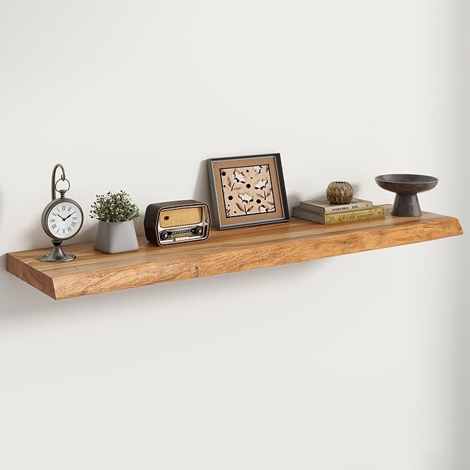RICHFOCUS Live Edge Elm Floating Shelves - 48" W x 9.3" D Rustic Solid Wood Wall Shelves with Invisible Bracket, Wall-Mounted for Living Room, Bedroom, Kitchen Storage & Display, Set of 1, Natural