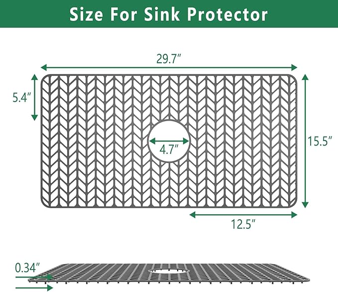 GUUKIN Sink Protectors for Kitchen Mat - 29.7“x15.5” Silicone Kitchen Sink Mat Grid for Bottom of Farmhouse Stainless Steel Porcelain with Center Drain（Grey）