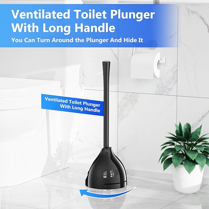 Toilet Plunger with Holder, Plunger with Unique Holder for 5.7-inch Toilet Drain, Plungers for Bathroom with Holder, Toilet Plunger Heavy Duty (1, Black)