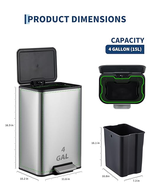 Garvee Space-Saving Bedroom Trash Can, 4 Gallon Small Trash Can with Soft-Close Lid, Foot Pedal & Removable Inner Bucket, Rectangular Stainless Steel Garbage Can for Living Room, Home, Office, Silver