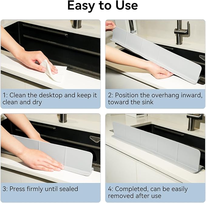 23" Kitchen Silicone Sink Water Splash Guard - Non Slip Suction Sink Splash Protector with Ramp Design for Kitchen Island & Bathroom, Dishwasher Safe, Grey