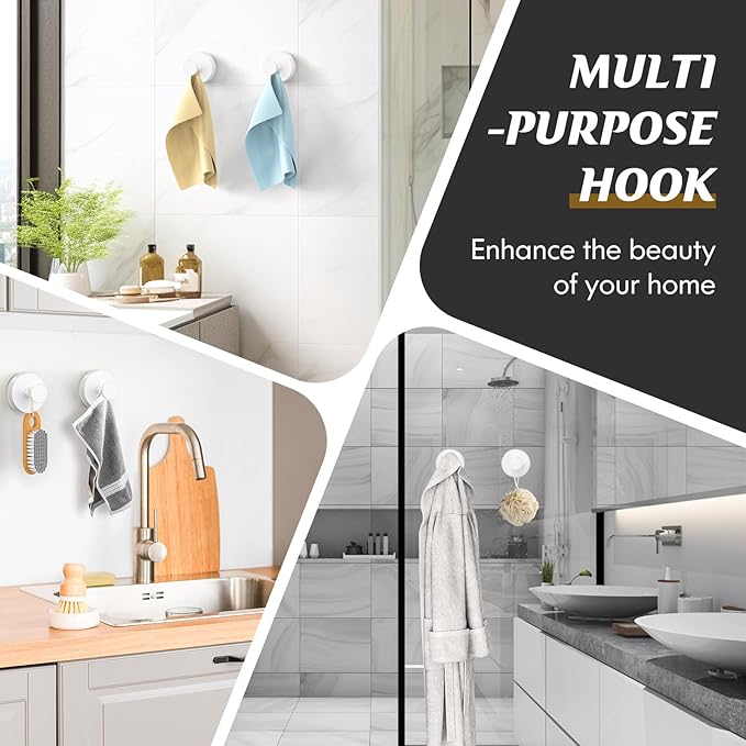 Suction Cup Hooks for Shower,Removable Shower Towel Suction Hooks for Bathroom Wall,Kitchen,Glass,Mirror,Tile to Hang Robes,Loofah-White(2-Pack)