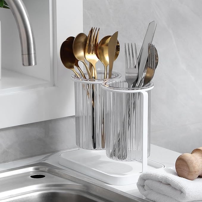 Toothbrush Holders with Drain Tray, 2 Slots Hanging Toothbrush and Toothpaste Holder Organizer Bathroom Caddy Countertop for Toothpaste, Razors, Electric Toothbrush - Clear