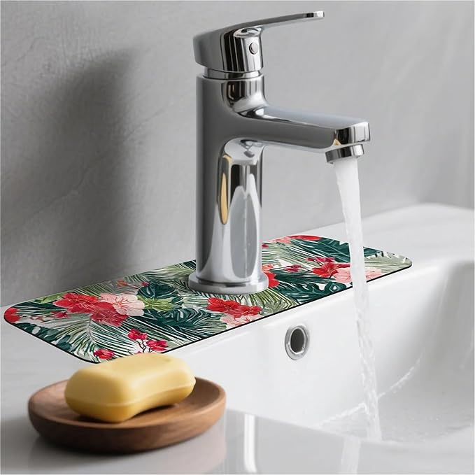 Kitchen Sink Splash Guard，tropical plants Faucet Mat Sink Gadgets-Super Absorbent Fast Drying Mat Drip Catcher for Kitchen, Bathroom,Sink Mat, Dish Drying Mat, Bathroom(15" X 5.5" )