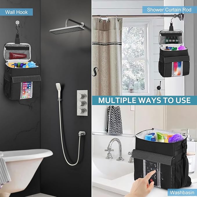Portable Shower Caddy Tote Bag, Large Quick Dry Mesh Hanging Shower Organizer Toiletry Bag with Wet & Dry Shoes Compartment for College Dorm Gym Swimming Camping Travel, Black