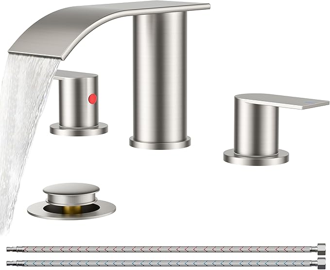FORIOUS Upgrade Bathroom Faucets 3 Hole Brushed Nickel, Waterfall 8 Inch Widespread Bathroom Sink Faucet with Pop-up Drain and Supply Lines, Two Handles for Vanity, Farmhouse, School Restroom Sink