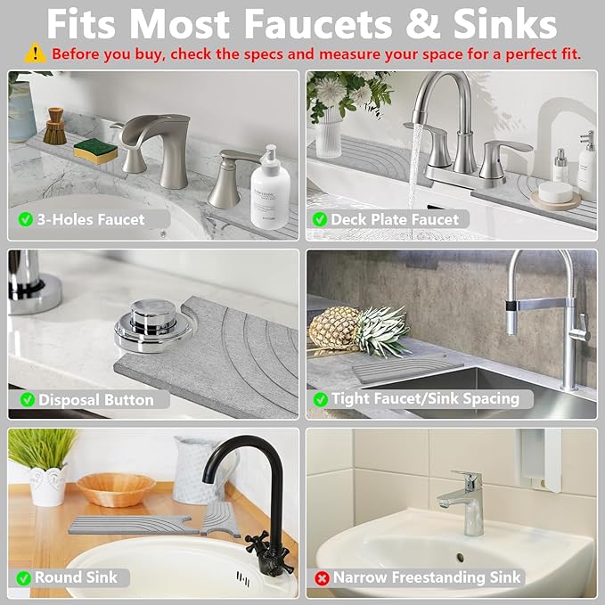 Stone Faucet Mat for Kitchen Sink - Drying Stone with Non-slip Pads, Sink Water Splash Guard for Bathroom Counter, Sink Caddy Holds Soap & Tools, 23.6 × 3.9in, Light Gray, Curved Lines