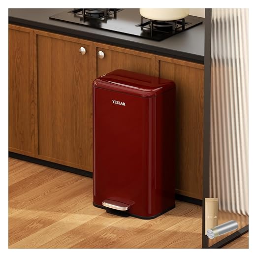 Kitchen Bathroom 8 Gallon Trash Can - Stainless Steel Garbage Cans with Foot Pedal, Recycling Bin with Lid for Office Bathroom Decor (Red, 30Liter / 8Gallon)
