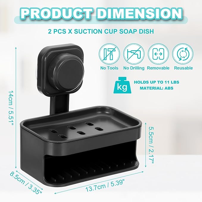 uxcell 2Pcs Suction Cup Soap Dish, Removable and Reusable Wall Mounted Double Bar Soap Holder for Shower No-Drilling Sponge Holder for Bathroom Kitchen, Black