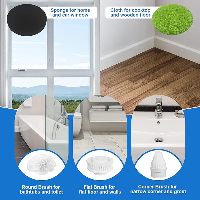 Electric Spin Scrubber, Cordless Floor Scrubber with 5 Replaceable Cleaning Brush Heads and Extension Handle for Tub, Tile, Shower, Kitchen