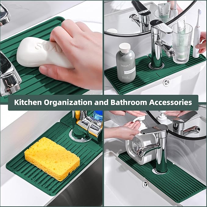 Faucet Mat for Kitchen Sink, Silicone Faucet Handle Drip Catcher Tray, Drying Mat as Sponge and Soap Holder with Lateral Inflow for Kitchen Bathroom Farmhouse & RV Sink Accessories (Green)
