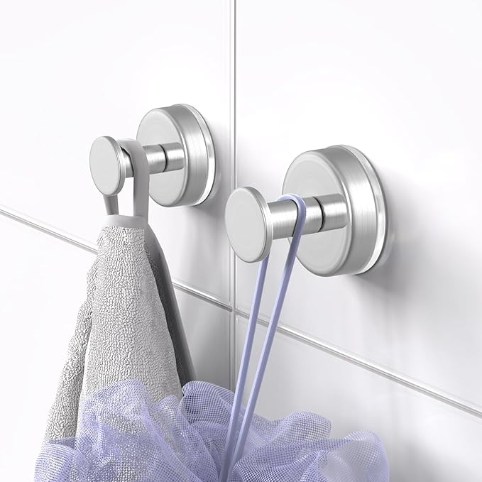 HUFEEOH Heavy Duty Suction Cup Hooks - Strong Removable Shower Hooks for Towels, Robes & Accessories - Secure Hold on Glass, Tile, Mirror, Bathroom & Kitchen Surfaces (2-Pack, O-Shape, Silver)