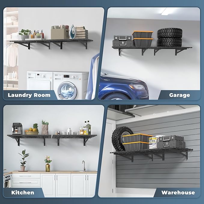 2 Pack Heavy Duty Garage Wall Shelving Set, 2x3ft, Black, Wall Mounted, Traditional Style, 2 Shelves, 700lbs Capacity