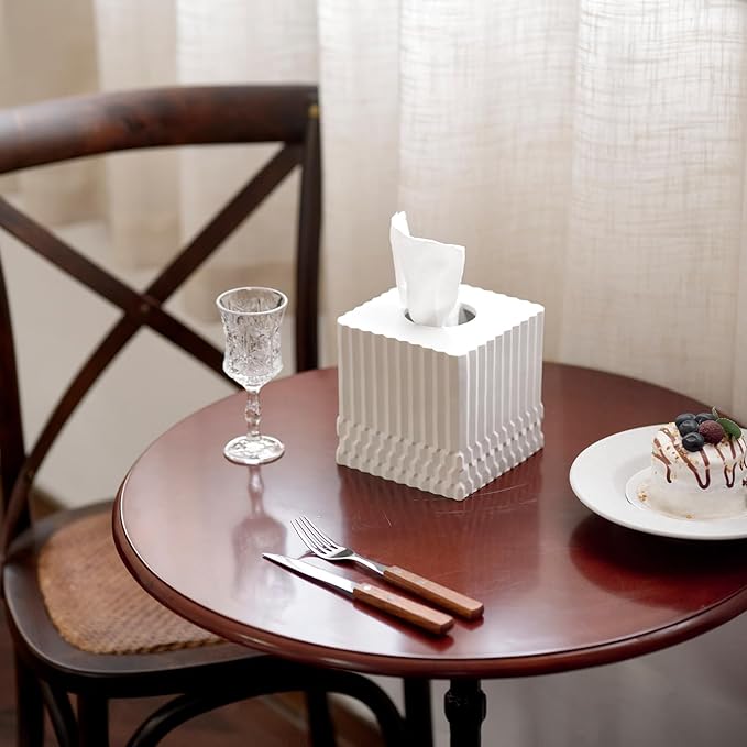 White Tissue Box Cover Square, Tissue Box Holder for Bathroom Countertop,Vanity, Tabletop, Bedroom Night Stand,Office and Living Room Decorative - Modern Geometric Striped Tissue Paper Dispenser
